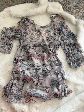 IRO Sheer Ruffle Mini Dress in Pink, Blue & Black Abstract Print